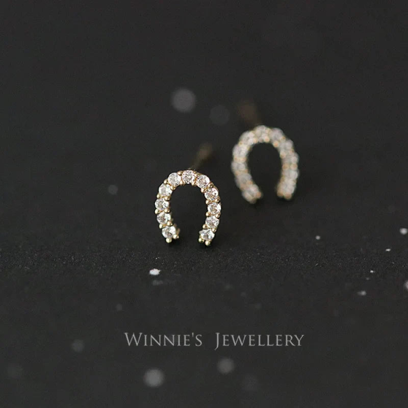 925 Silver 14k Gold Plated Zircon Horseshoe Women's Stud Earrings