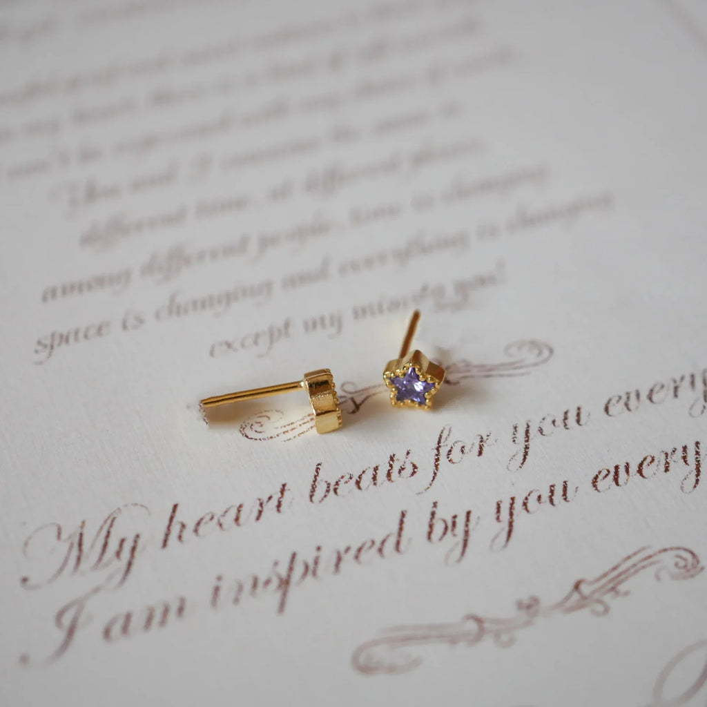 925 Sterling Silver 14K Gold Plated Purple White Star Zircon Stud Earrings