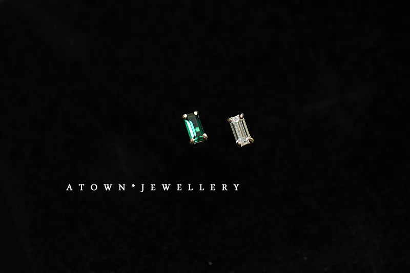 925 Sterling Silver 14k Gold Plated Square Green Zircon Stud Earrings