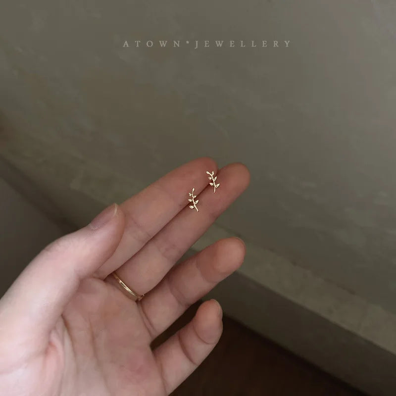 925 Sterling Silver 14k Gold Plated Leaves Branch Women's Stud Earrings