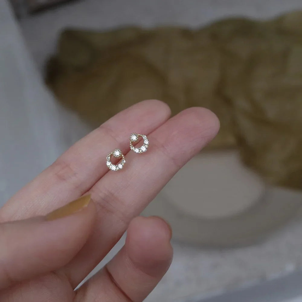 925 Sterling Silver 14k Gold Plated Gold Moon Zircon Stud Earrings