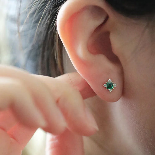925 Sterling Silver 14k Gold Plated Green Zircon Small Stud Earrings