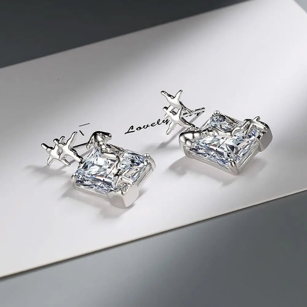 925 Sterling Silver Zircon Square Drop Dangle Earrings