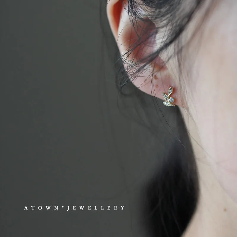 925 Sterling Silver 14k Gold Plated Leaf Zircon Ring Earrings