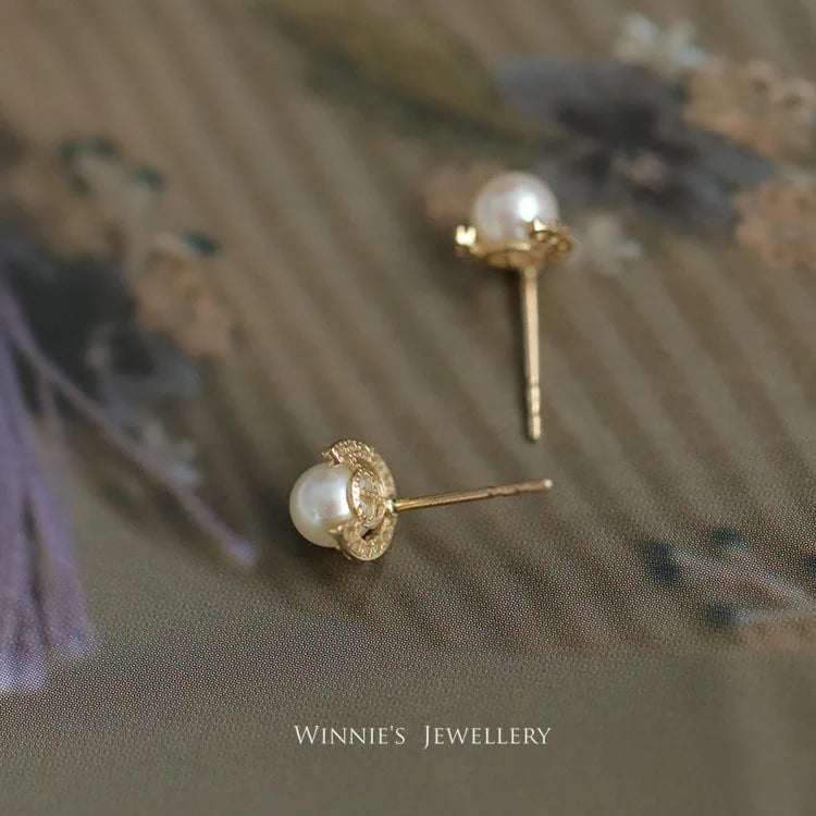 925 Sterling Silver14K Gold Shell Pearl Stud Earrings