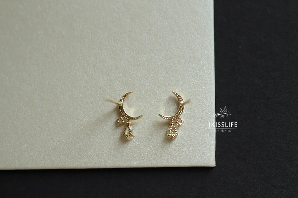 925 Sterling Silver 14K Gold Moon Zircon Simple Stud Earrings