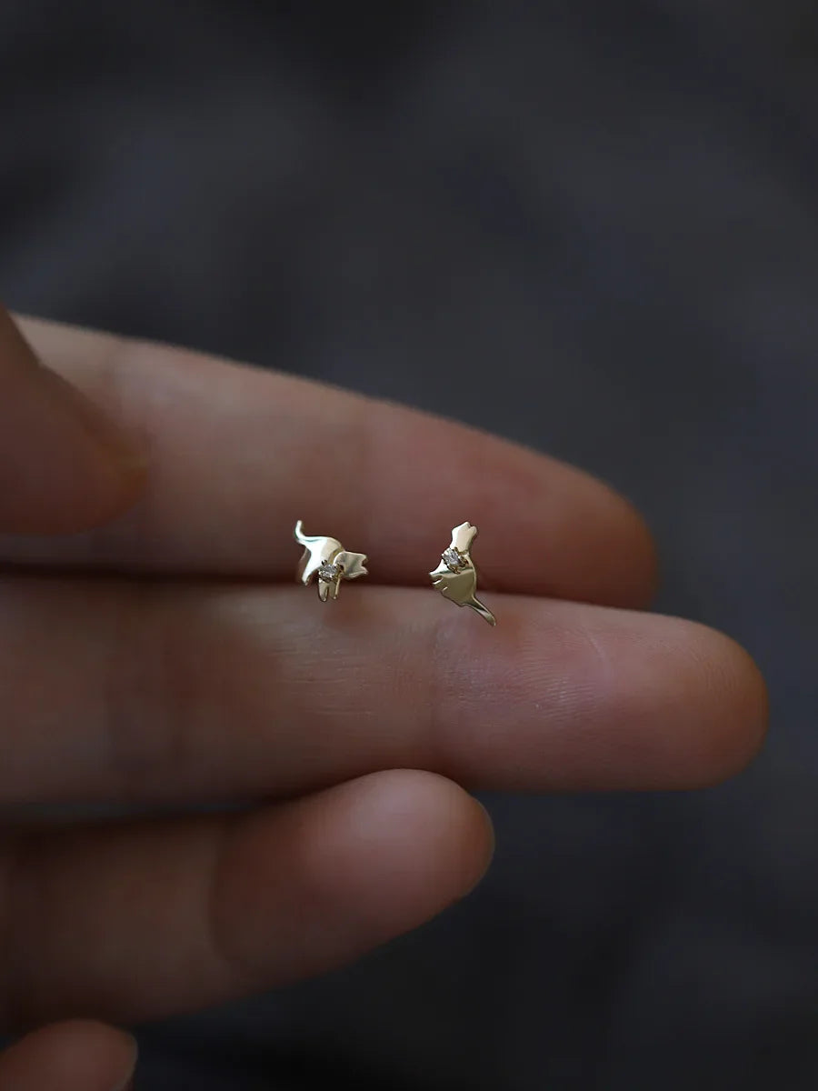 925 Sterling Silver 14K Gold Cat Zircon Small Stud Earrings