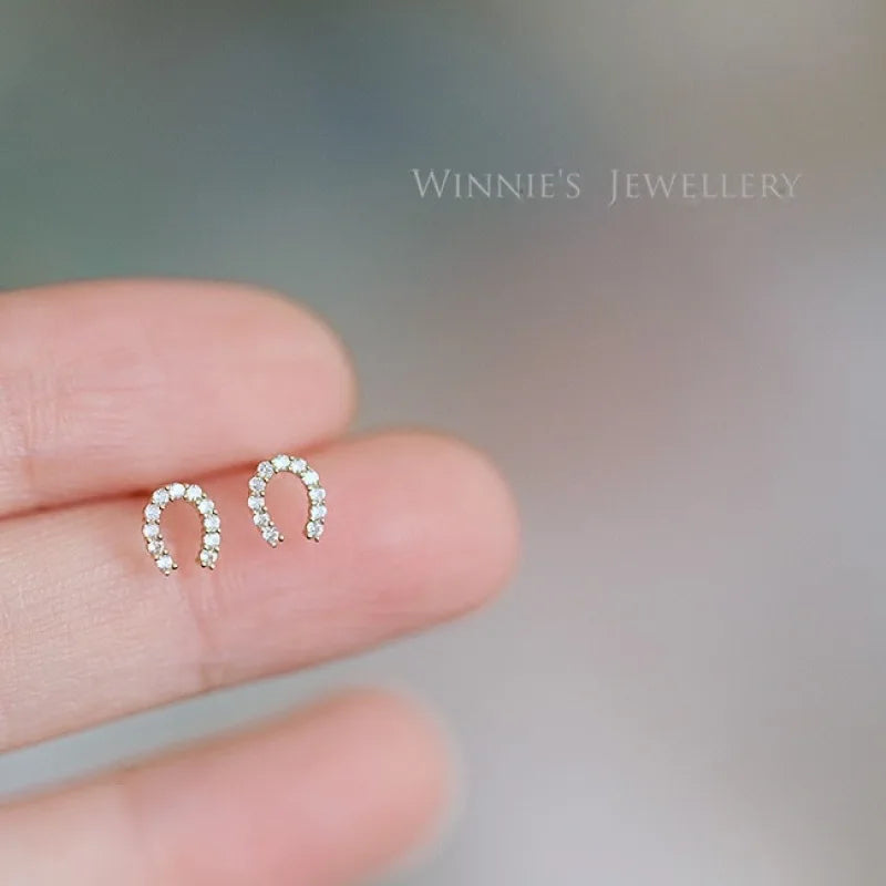 925 Silver 14k Gold Plated Zircon Horseshoe Women's Stud Earrings