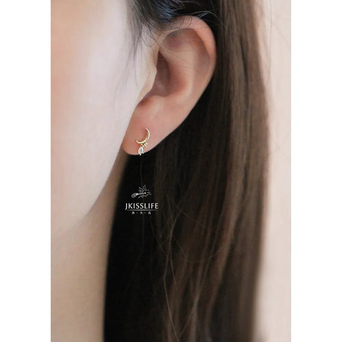925 Sterling Silver 14K Gold Moon Zircon Simple Stud Earrings