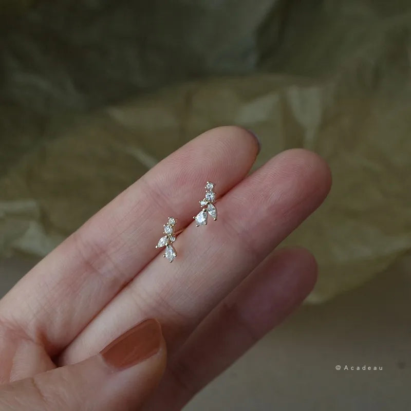 925 Sterling Silver 14K Gold Plated Floral Drop Zircon Stud Earrings