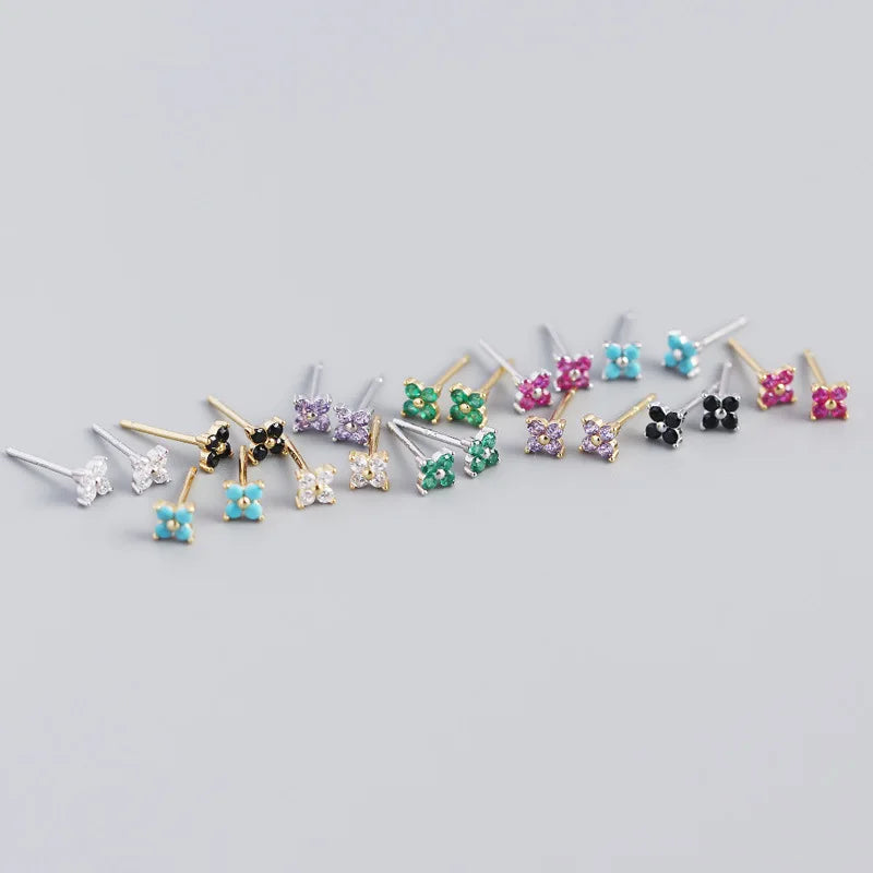 925 Sterling Silver 14k Gold Plated Colour Flower Zircon Stud Earrings