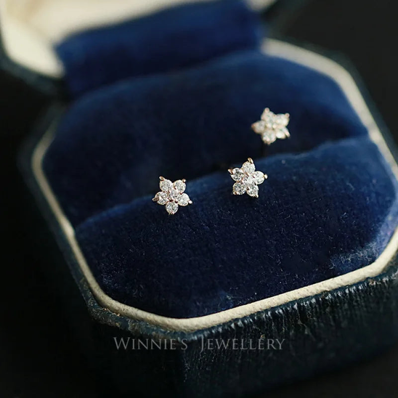 925 Sterling Silver 14k Gold Plated Zircon Flower Women's Stud Earrings