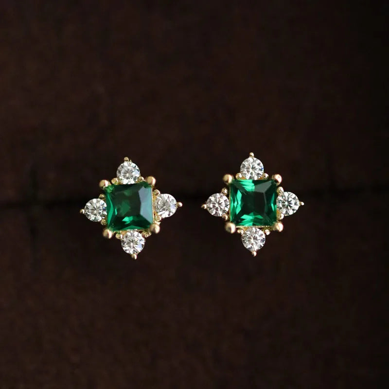 925 Sterling Silver 14k Gold Plated Green Zircon Small Stud Earrings