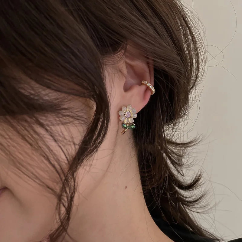 925 Sterling Silver 14K Gold Plated Round Ring Zircon Ear Clip Earrings