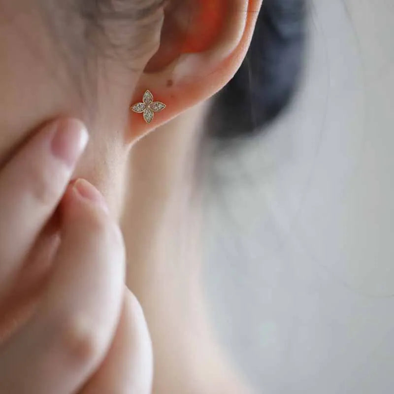 14k Gold Plated 925 Sterling Silver Cross Flower Zircon Stud Earrings