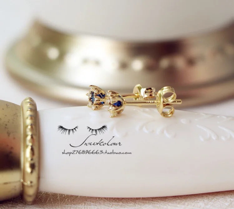 925 Sterling Silver 14k Gold Plated Blue Zircon Sun Stud Earrings