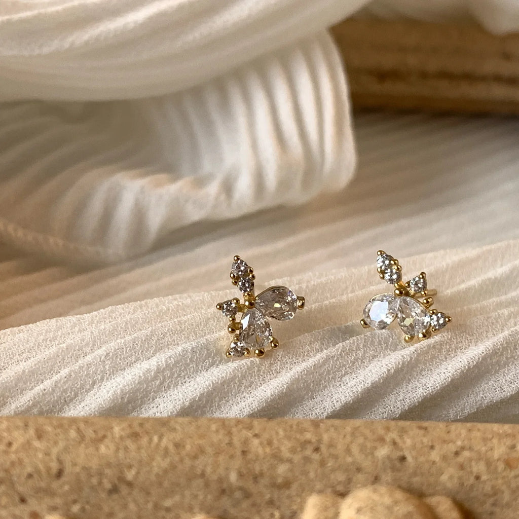 925 Sterling Silver 14K Gold Plated Zircon Geometry Small Stud Earrings