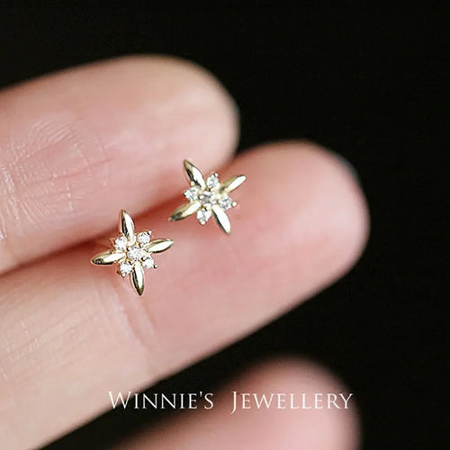 925 Sterling Silver 14K Gold Plated Snowflake Zircon Stud Earrings