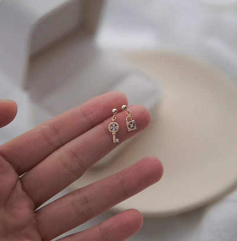 925 Sterling Silver 14k Gold Plated Key Lock Zircon Stud Earrings