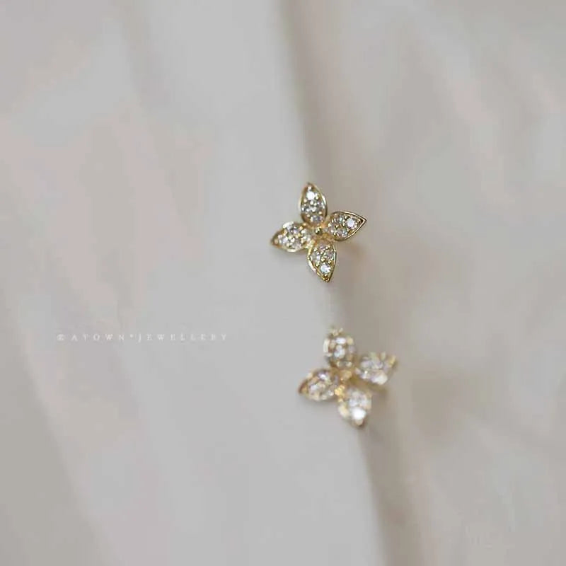 14k Gold Plated 925 Sterling Silver Cross Flower Zircon Stud Earrings