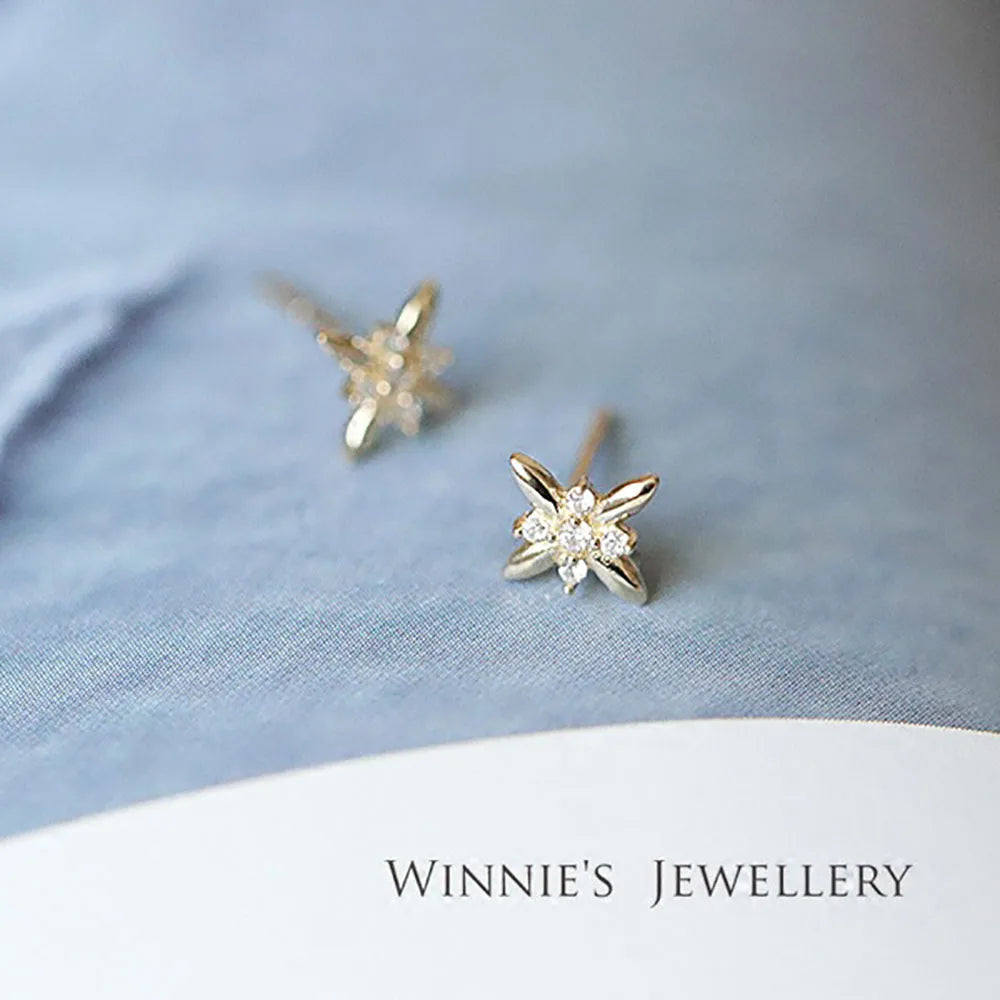 925 Sterling Silver 14K Gold Plated Snowflake Zircon Stud Earrings