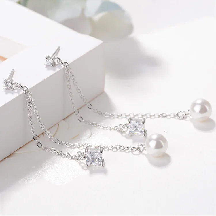 925 Sterling Silver Pearl Zircon Long Earrings