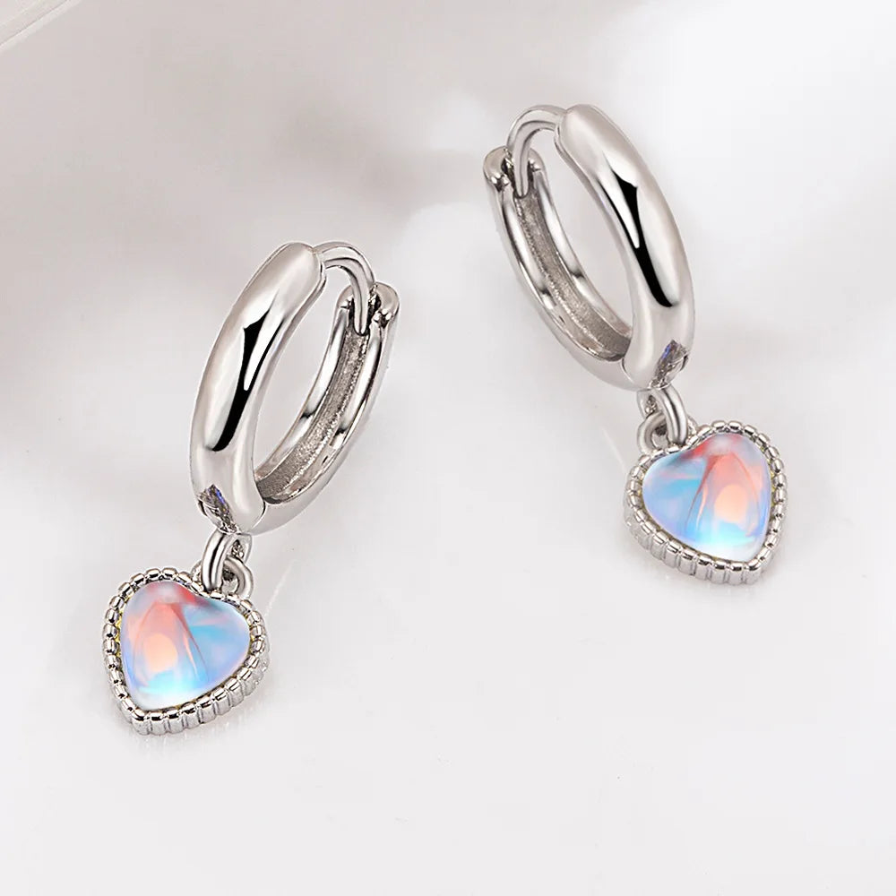 925 Sterling Silver Moonstone Heart Crystals Stud Earrings