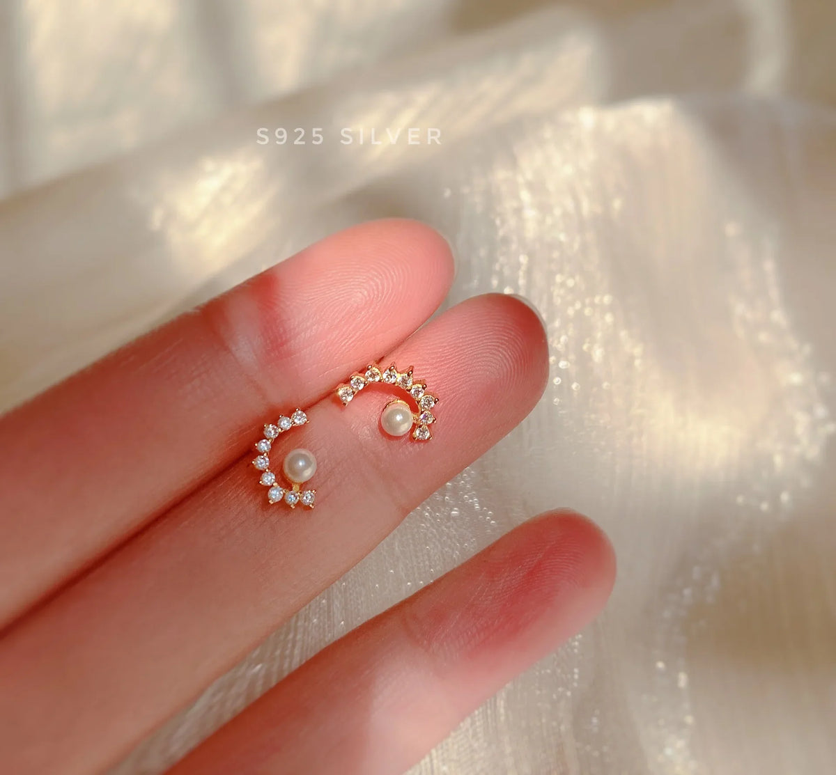 925 Sterling Silver 14K Gold Plated Semicircle Pearl Small Stud Earrings