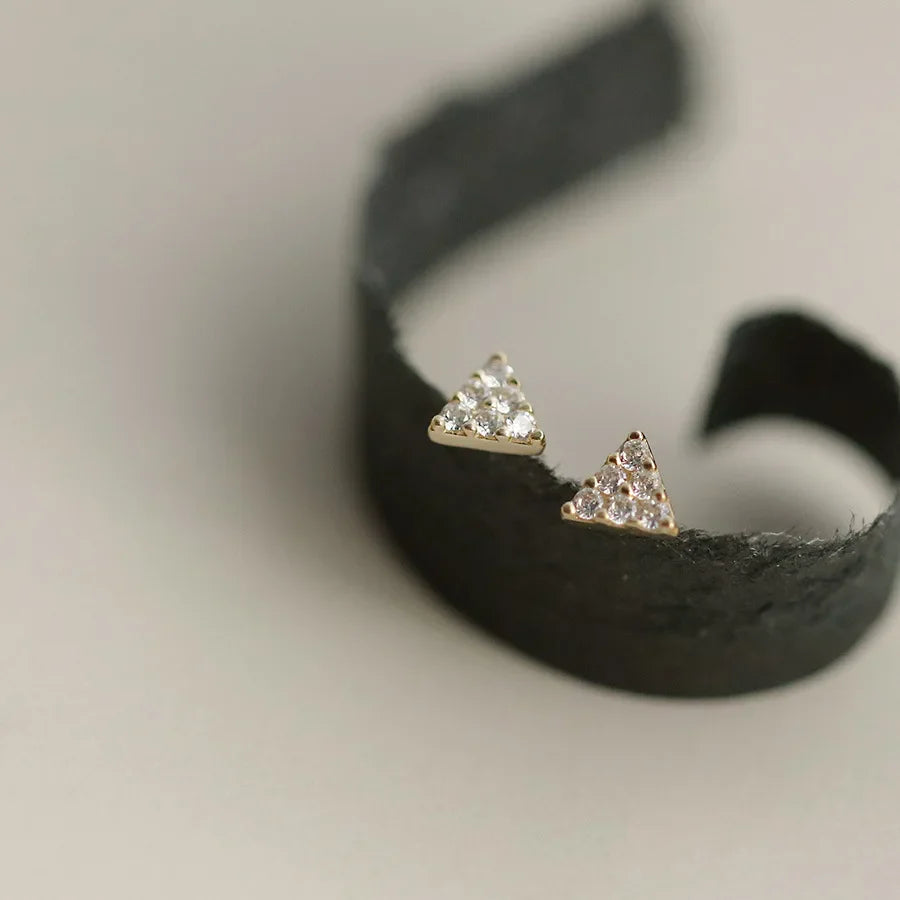 925 Sterling Silver 14K Gold Plated Four Triangle Zircon Stud Earrings