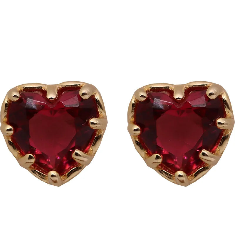 925 Sterling Silver 14k Gold Heart Red Zircon Stud Earrings