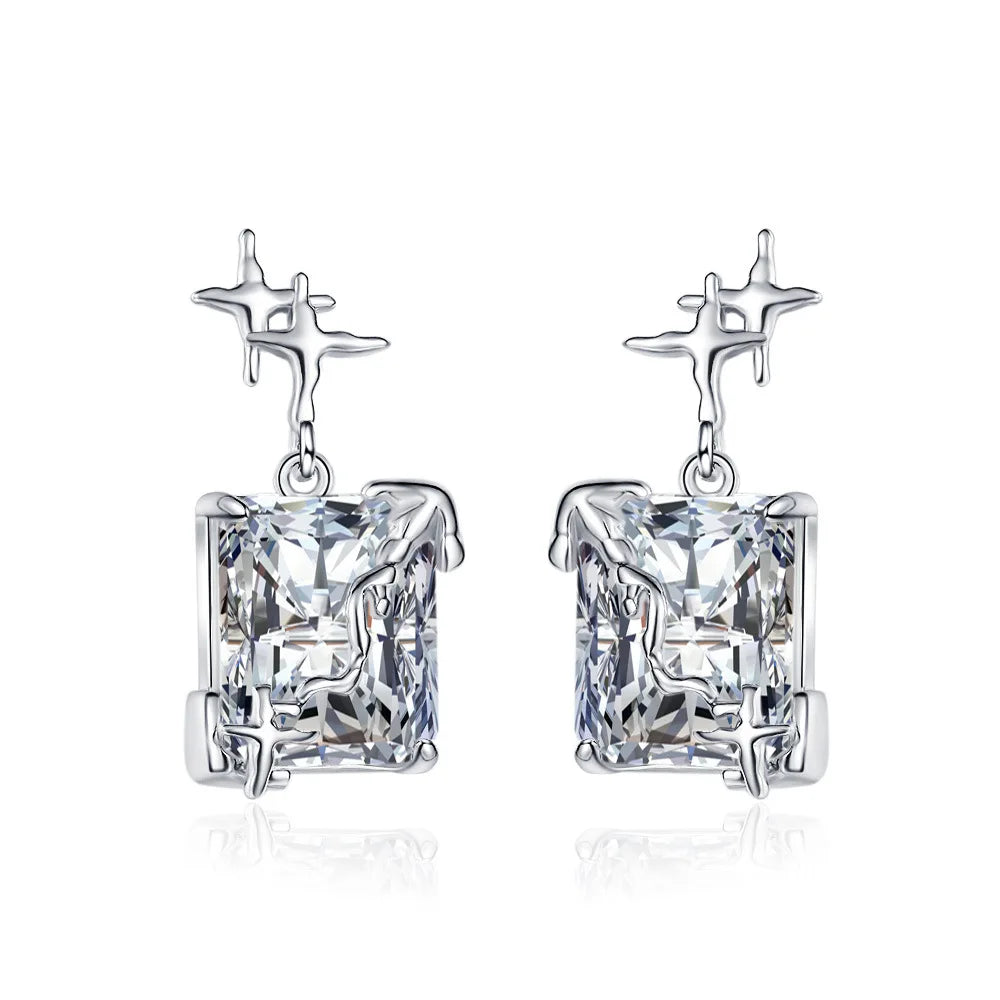 925 Sterling Silver Zircon Square Drop Dangle Earrings