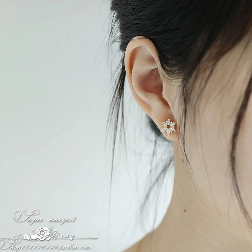 925 Sterling Silver 14K Gold Plated Snowflake Shape Zircon Small Stud Earrings