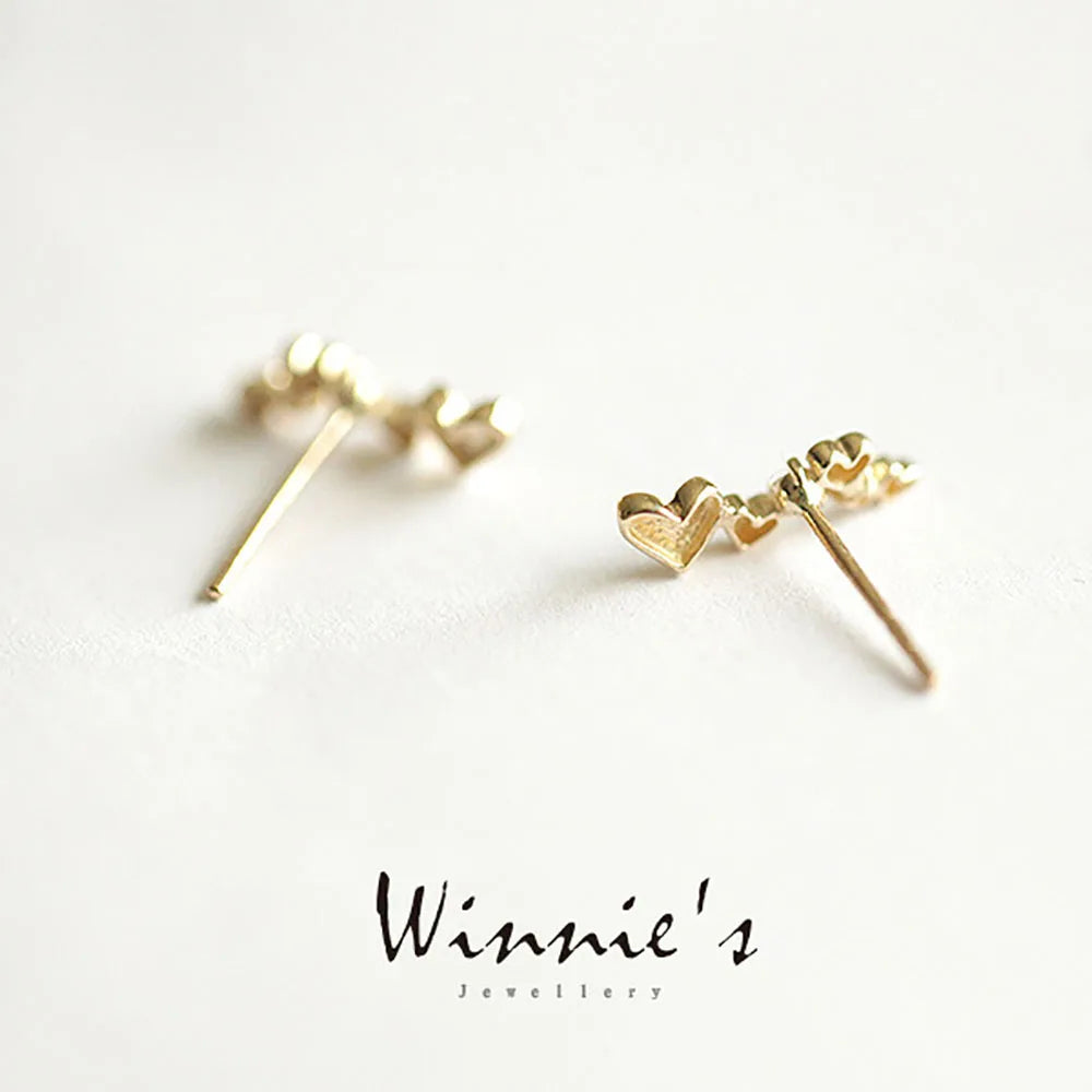 925 Sterling Silver 14k Gold Plated Four Heart Zircon Stud Earrings