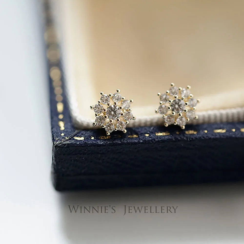 925 Sterling Silver 14k Gold Plated Zircon Flower Stud Earrings