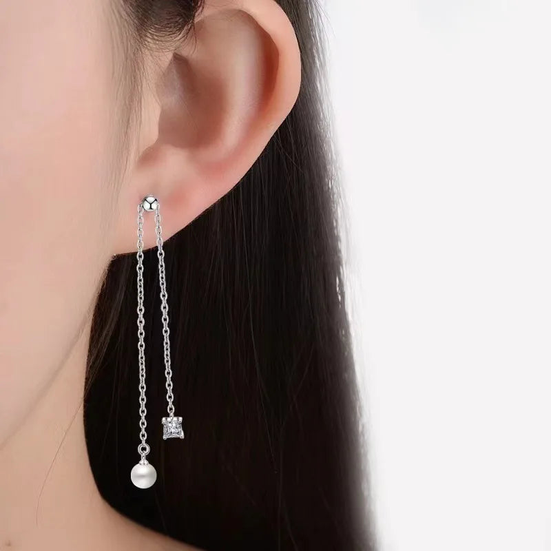925 Sterling Silver Pearl Zircon Long Earrings