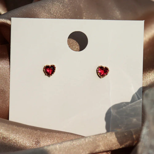 925 Sterling Silver 14k Gold Heart Red Zircon Stud Earrings