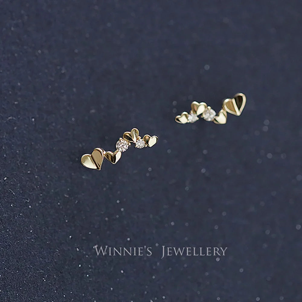 925 Sterling Silver 14k Gold Plated Four Heart Zircon Stud Earrings