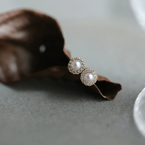 925 Sterling Silver 14k Gold Plated Pearl Zircon Small Stud Earrings
