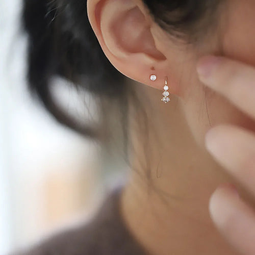 925 Sterling Silver 14k Gold Plated 3 Stone Zircon Stud Earrings