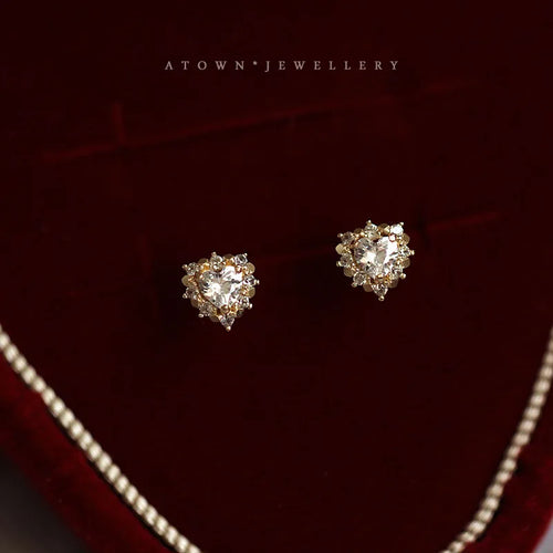 925 Sterling Silver 14k Gold Plated Heart Zircon Small Stud Earrings
