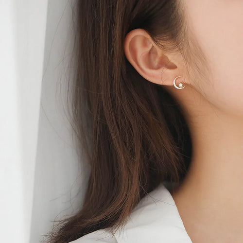 925 Sterling Silver 14k Gold Plated Moon Sun Zircon Stud Earrings
