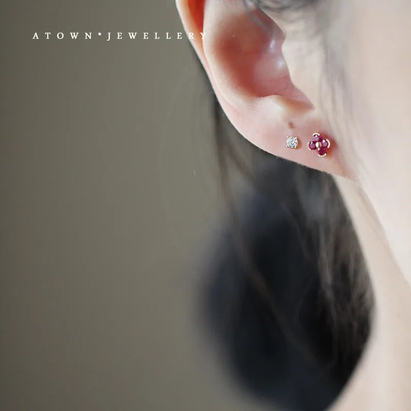 925 Sterling Silver 14k Gold Plated Flower Red Crystal Stud Earrings