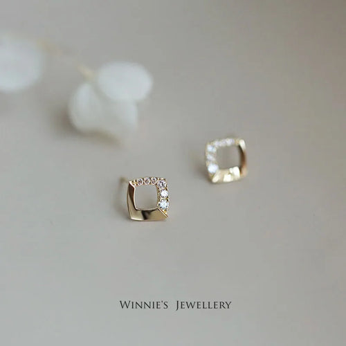 925 Sterling Silver 14K Gold Plated Square Geometry Zircon Stud Earrings
