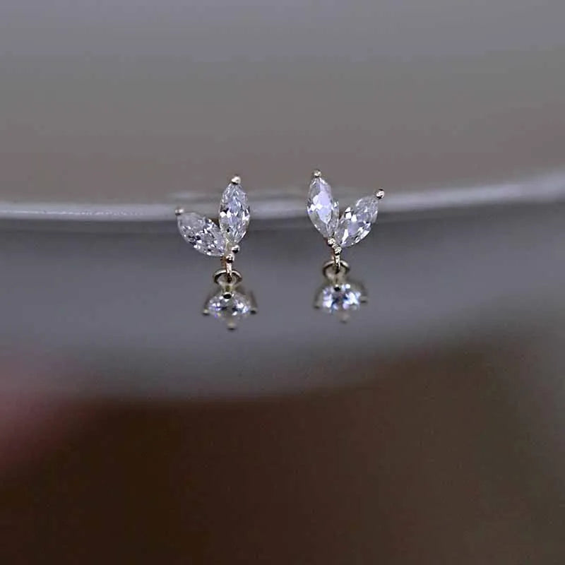 925 Sterling Silver 14k Gold Plated Leaves Zircon Women's Stud Earrings