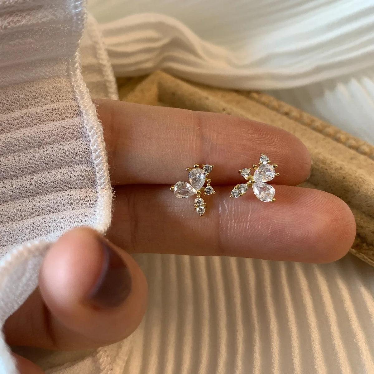 925 Sterling Silver 14K Gold Plated Zircon Geometry Small Stud Earrings
