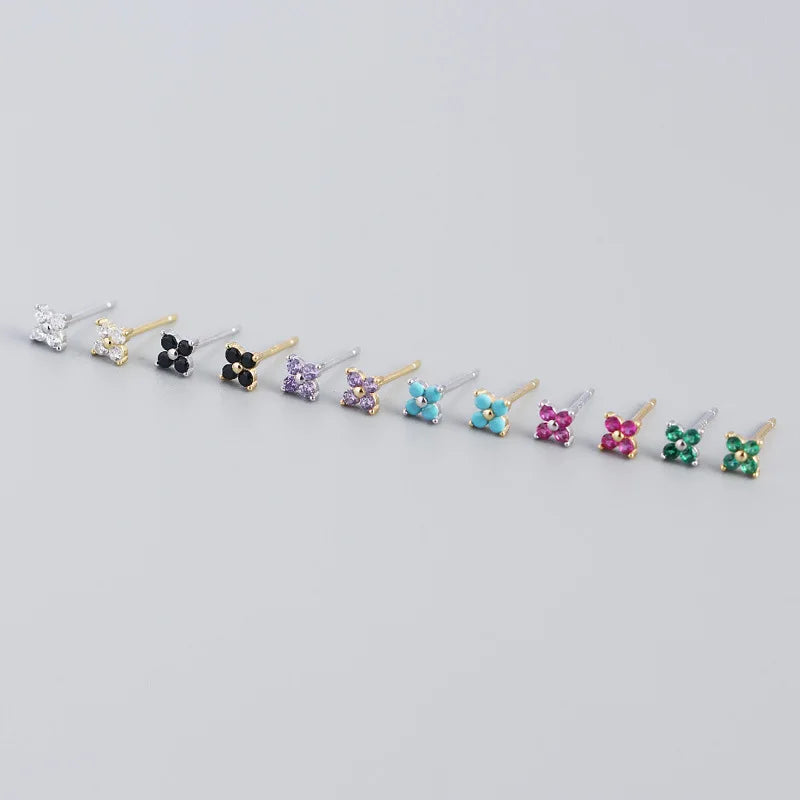 925 Sterling Silver 14k Gold Plated Colour Flower Zircon Stud Earrings