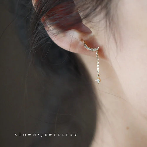 925 Sterling Silver 14k Gold Plated Moon Zircon Stud Earrings