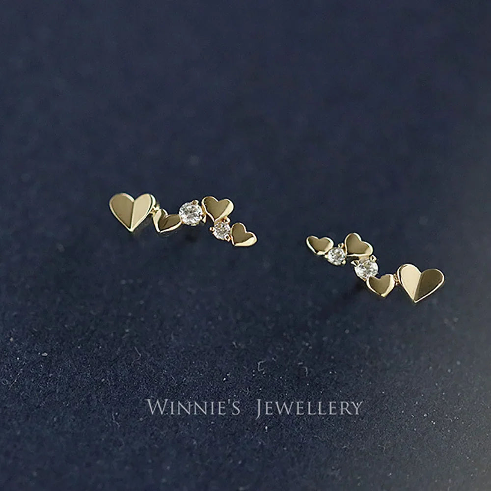 925 Sterling Silver 14k Gold Plated Four Heart Zircon Stud Earrings