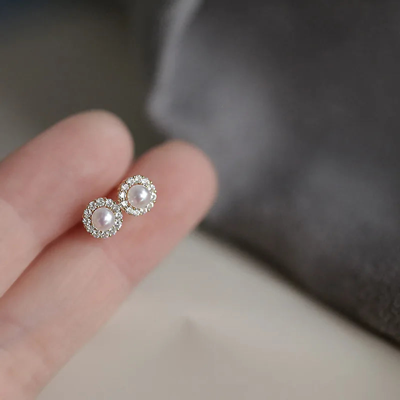 925 Sterling Silver 14k Gold Plated Pearl Zircon Small Stud Earrings