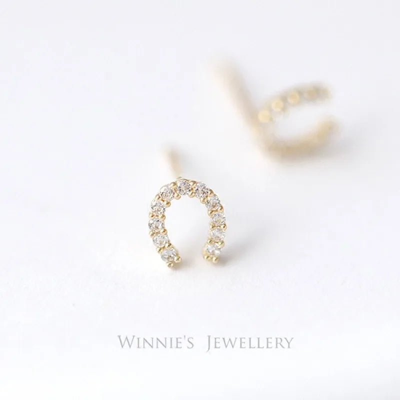 925 Silver 14k Gold Plated Zircon Horseshoe Women's Stud Earrings